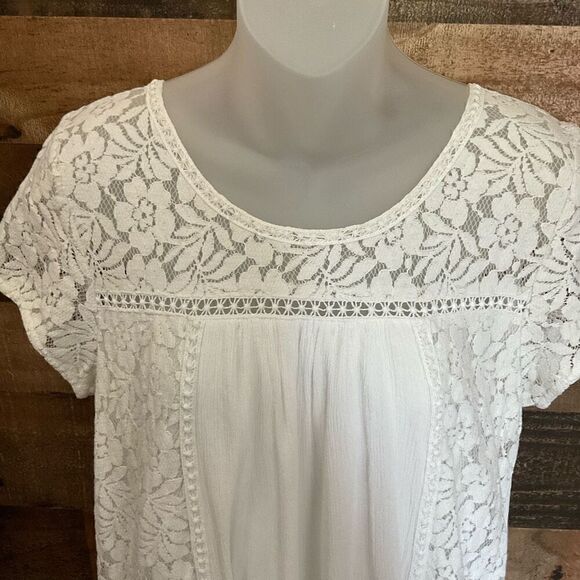 Peach Love Dress Mini Round Neck Lace Floral White Crinkle Fabric Lined Medium - Picture 7 of 10